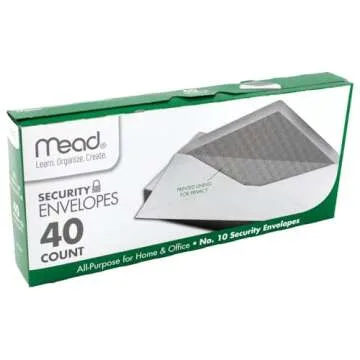 Mead #10 Envelopes, Security Printed Lining for Privacy, Gummed Closure, All-Purpose 20-Ib Paper, 4-1/8" x 9-1/2", White, 40 Letter Size Envelopes per Box (75214)