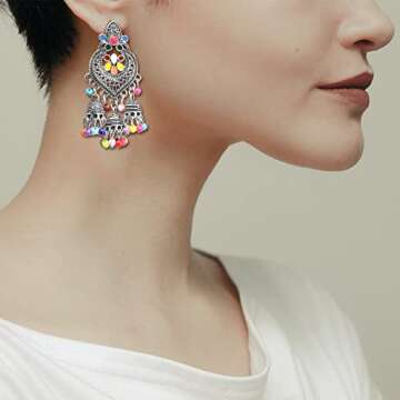 RechicGu Tribal Vintage Crescent Blue Stone Jhumki Jhumka Banjara Kuchi Belly Dance Gypsy Earrings I...