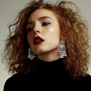 RechicGu Tribal Vintage Crescent Blue Stone Jhumki Jhumka Banjara Kuchi Belly Dance Gypsy Earrings Indian Colored Beads Silver