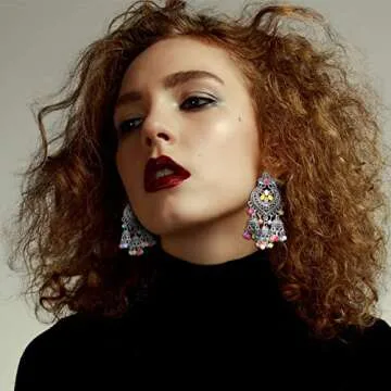 RechicGu Tribal Vintage Crescent Blue Stone Jhumki Jhumka Banjara Kuchi Belly Dance Gypsy Earrings Indian Colored Beads Silver