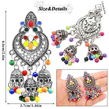 RechicGu Tribal Vintage Crescent Blue Stone Jhumki Jhumka Banjara Kuchi Belly Dance Gypsy Earrings Indian Colored Beads Silver