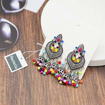 RechicGu Tribal Vintage Crescent Blue Stone Jhumki Jhumka Banjara Kuchi Belly Dance Gypsy Earrings Indian Colored Beads Silver