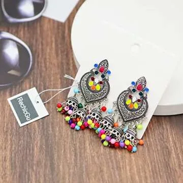 RechicGu Tribal Vintage Crescent Blue Stone Jhumki Jhumka Banjara Kuchi Belly Dance Gypsy Earrings Indian Colored Beads Silver