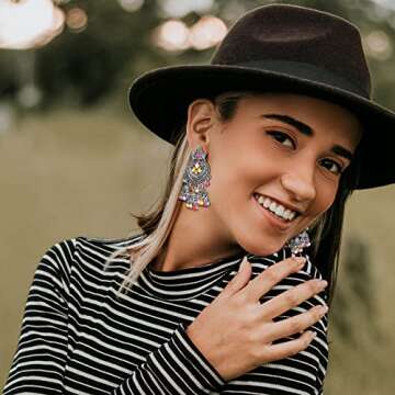 RechicGu Tribal Vintage Crescent Blue Stone Jhumki Jhumka Banjara Kuchi Belly Dance Gypsy Earrings Indian Colored Beads Silver