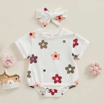 FYBITBO Infant Newborn Baby Girls Clothes Summer Short Sleeve Rompers Bubble Bodysuit Cute One-Piece Outfit Clothing (White-Floral Print Romper, 6-12 Months)