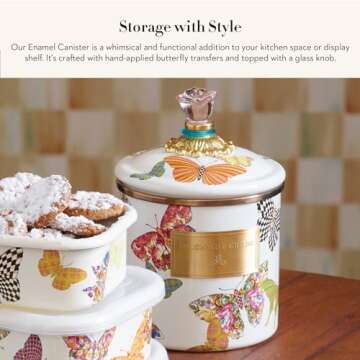 MACKENZIE-CHILDS Butterfly Garden Enamel Canister, Pretty Kitchen Storage Container with Lid, Small