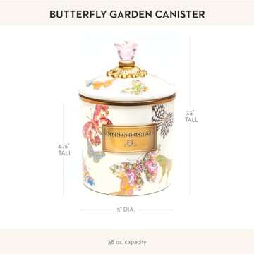 MACKENZIE-CHILDS Butterfly Garden Enamel Canister, Pretty Kitchen Storage Container with Lid, Small