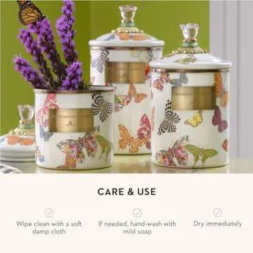 MACKENZIE-CHILDS Butterfly Garden Enamel Canister, Pretty Kitchen Storage Container with Lid, Small