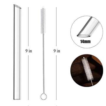 ALINK Reusable Glass Boba Straws, 14mm Extra Wide Clear Straws for Smoothies, Bubble Tea, Pack of 2 ...
