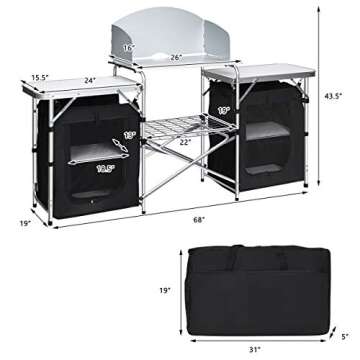 Giantex Camping Kitchen Station, Folding Grill Table with 26'' Tabletop, 2 Side Tables, Storage Organizer, Detachable Windscreen, Portable Camp Cook Outdoor Prep Station Backyard BBQ Picnic (Black)