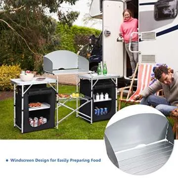 Giantex Camping Kitchen Station, Folding Grill Table with 26'' Tabletop, 2 Side Tables, Storage Organizer, Detachable Windscreen, Portable Camp Cook Outdoor Prep Station Backyard BBQ Picnic (Black)