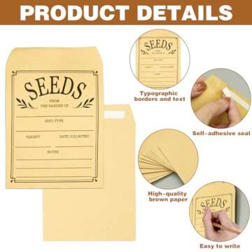 100Pcs Seed Envelopes, Seed Envelopes Resealable Brown Paper Seed Packets Envelopes Self Adhesive Se...