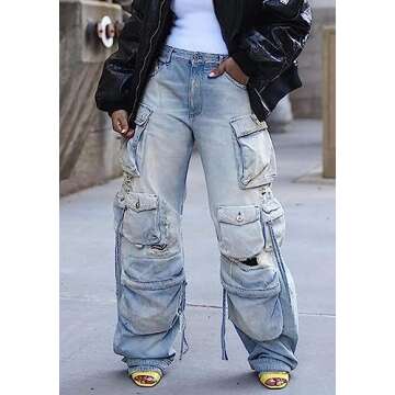 YOOTIKO Baggy Jeans for Women Cargo Pants Y2K High Rise Ripped Flap Pockets Relax Fit Club Denim Pants Trousers