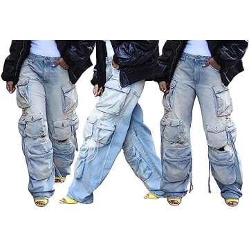 YOOTIKO Baggy Jeans for Women Cargo Pants Y2K High Rise Ripped Flap Pockets Relax Fit Club Denim Pants Trousers