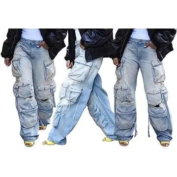 YOOTIKO Baggy Jeans for Women Cargo Pants Y2K High Rise Ripped Flap Pockets Relax Fit Club Denim Pants Trousers