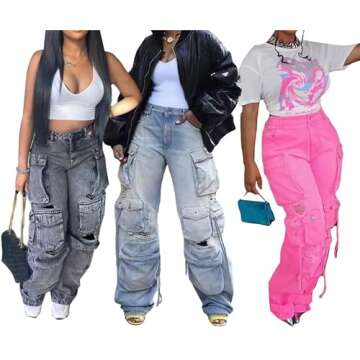 YOOTIKO Baggy Jeans for Women Cargo Pants Y2K High Rise Ripped Flap Pockets Relax Fit Club Denim Pants Trousers
