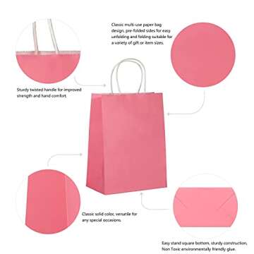 Nexmint Kraft Paper Bags 8”x10.5” Gift Bags with Handle for Birthdays, Holidays, Gifts, Party Favors, Baby Showers, Retail, Festivities, Treats, Business, DIY Crafts (24-Pack, Pink)