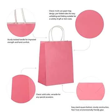Nexmint Kraft Paper Bags 8”x10.5” Gift Bags with Handle for Birthdays, Holidays, Gifts, Party Favors, Baby Showers, Retail, Festivities, Treats, Business, DIY Crafts (24-Pack, Pink)