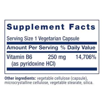 Life Extension Vitamin B6, 250 mg, high Potency, Cardiovascular Health, neurological Health, Eye Health, Healthy Kidney Function, Gluten-Free, Non-GMO, Vegetarian, 100 Capsules