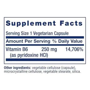 Life Extension Vitamin B6, 250 mg, high Potency, Cardiovascular Health, neurological Health, Eye Health, Healthy Kidney Function, Gluten-Free, Non-GMO, Vegetarian, 100 Capsules