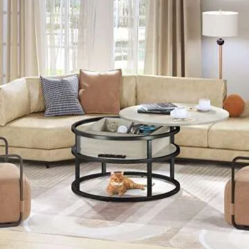 YITAHOME Round Lift Top Coffee Table, Coffee Tables for Living Room with Hidden Storage Compartment, Modern Coffee Table with Storage for Home Office,Round Center Tables Living Room,White Oak