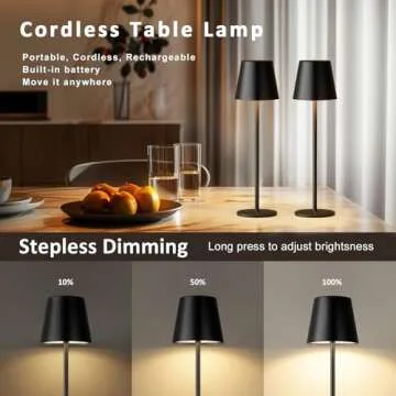 Kakanuo Cordless Table Lamp, 3 Color Stepless Dimming, 5000mAh Rechargeable Battery Powered, Outdoor LED Lamps, for Dining Room, Living Room, Bedroom, Bar, Cafe, Restaurant, Patio, Camping - Black