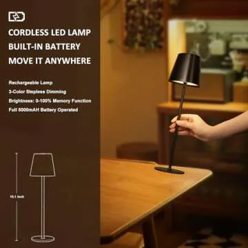 Kakanuo Cordless Table Lamp, 3 Color Stepless Dimming, 5000mAh Rechargeable Battery Powered, Outdoor LED Lamps, for Dining Room, Living Room, Bedroom, Bar, Cafe, Restaurant, Patio, Camping - Black