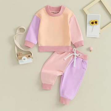 Fernvia Toddler Baby Girl Clothes 3 6 9 12 18 24 Months Fall Outfits Solid Long Sleeve Sweatshirt Tops + Pants Set (C-Purple Pink, 12-18 Months)