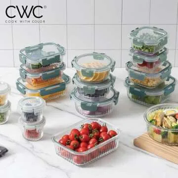 COOK WITH COLOR Premium 32-Pc. Borosilicate Glass Food Container Set with Dividers - 4 Rectangles, 8 Rounds, 4 Squares - Leakproof Lids - Meal Prep, Storage, Fluted Ombre Green