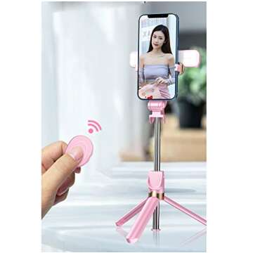 Selfie Stick Tripod,MQOUNY Extendable Selfie Stick Tripod with Light with Detachable Wireless Remote and Tripod Stand Compatible with iPhone, Samsung Galaxy and Smartphone (Pink)
