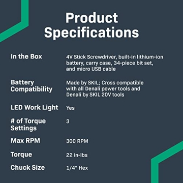 Amazon Basics by SKIL 4V Cordless Stick Screwdriver with 34-Piece Bit Set, Carrying Case, and USB Cable (Previously Denali brand)