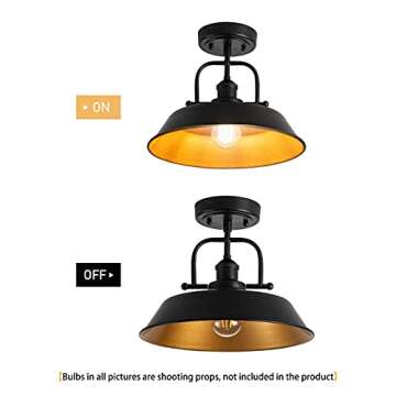 WNOMDY Industrial Metal Semi Flush Mount Ceiling Light Fixture,Farmhouse Lamp Black and Gold Close to Ceiling Light for Hallway Entryway Foyer Kitchen Island Living Room Bedroom,E26,12.6in