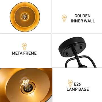 WNOMDY Industrial Metal Semi Flush Mount Ceiling Light Fixture,Farmhouse Lamp Black and Gold Close to Ceiling Light for Hallway Entryway Foyer Kitchen Island Living Room Bedroom,E26,12.6in