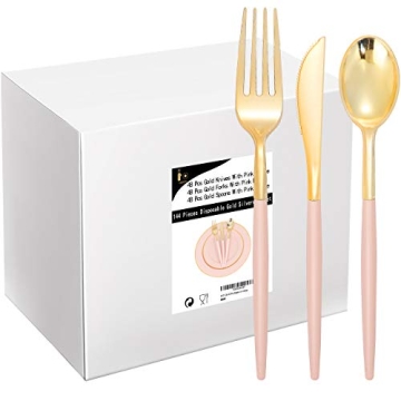 144Pcs Pink Plastic Silverware with Gold Trim - Elegant Disposable Cutlery for Any Occasion