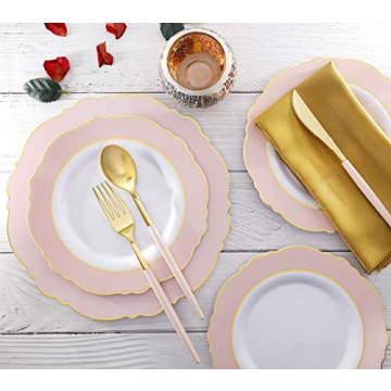 144Pcs Pink Gold Disposable Flatware Set for Parties