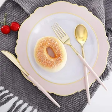 144Pcs Pink Gold Disposable Flatware Set for Parties