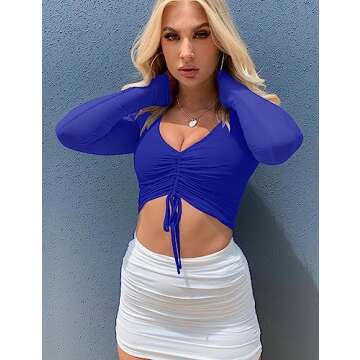 Mokoru Women's Sexy Sheer Mesh Long Sleeve Deep V Neck Crop Tops Casual Basic Shirts, Medium, Royal Blue