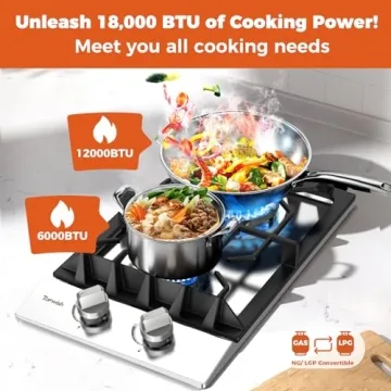 TOPWISH 12 Inch Gas Cooktop, LPG/NG Convertible Built-in Gas Stove Top with 2 Burners 18000BTU, 304 ...