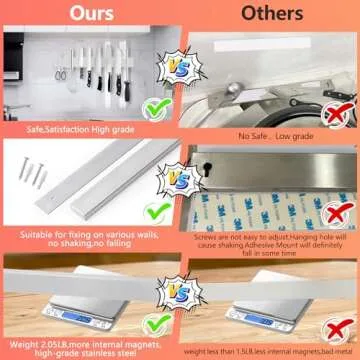 16 Inch Stainless Steel Magnetic Knife Strips,Magnetic Knife Storage Block Bar Rack,Multi-Purpose Functionality as Kitchen Knife Holder, Magnetic Tool Organizer,Art Supply Organizer & Home Organizer