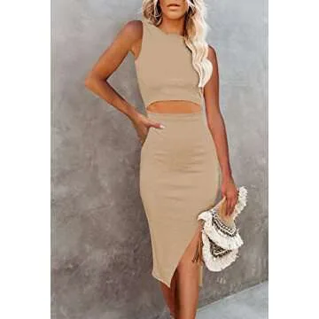 Pink Queen Women's Crew Neck Bodycon Dress Sleeveless Cutout Knee Length Club Knit Midi Dresses Khaki XL