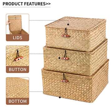 SHEYRAJIIA 3 Pack Cube Seagrass Storage Bins with Lids, Rattan Woven Decorative Storage Boxes, Wicke...