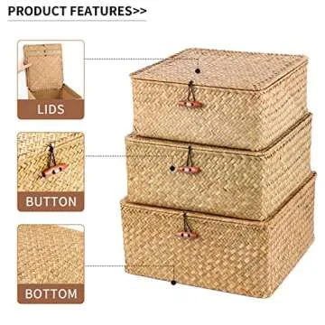 SHEYRAJIIA 3 Pack Cube Seagrass Storage Bins with Lids, Rattan Woven Decorative Storage Boxes, Wicke...