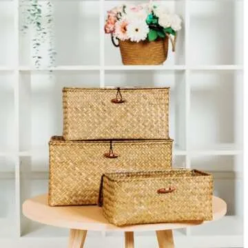 SHEYRAJIIA 3 Pack Cube Seagrass Storage Bins with Lids, Rattan Woven Decorative Storage Boxes, Wicker Storage Baskets for Shelves, Storage Containers for Organizing, Clothes and Hobby Things