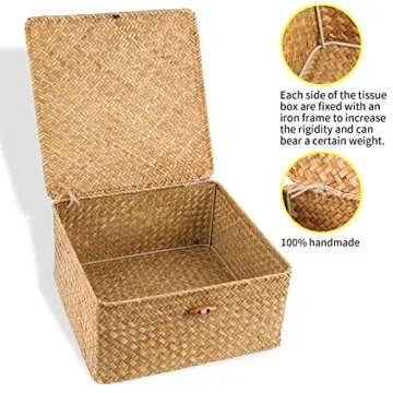SHEYRAJIIA 3 Pack Cube Seagrass Storage Bins with Lids, Rattan Woven Decorative Storage Boxes, Wicker Storage Baskets for Shelves, Storage Containers for Organizing, Clothes and Hobby Things