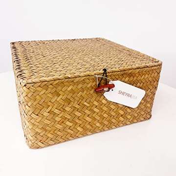 SHEYRAJIIA 3 Pack Cube Seagrass Storage Bins with Lids, Rattan Woven Decorative Storage Boxes, Wicker Storage Baskets for Shelves, Storage Containers for Organizing, Clothes and Hobby Things