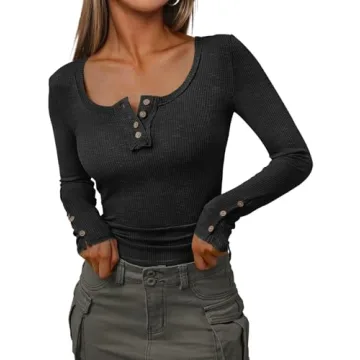 Kissfix Women's Casual Long Sleeve Ribbed Knit Tops - Trendy Y2K Style