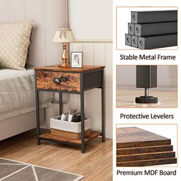 Furologee End Table with Storage Shelf and Fabric Drawer, 2 Tiers Industrial Nightstand, Bedside Table Organizer for Living Room Bedroom, Rustic Brown, Easy Assembly