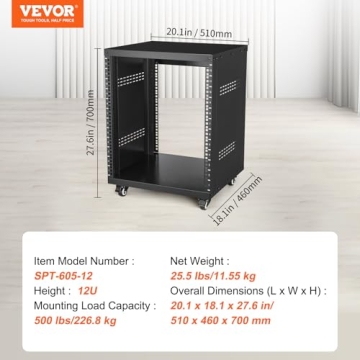 VEVOR 12U AV Rack Stand with Caster Wheels, Component Rack Cabinet Recording Studio Racks, Removable Side Panels, Universal Network Server Case, Special Vents for 19'' Audio Video Rack Mounting
