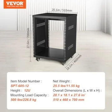 VEVOR 12U AV Rack Stand with Caster Wheels, Component Rack Cabinet Recording Studio Racks, Removable Side Panels, Universal Network Server Case, Special Vents for 19'' Audio Video Rack Mounting