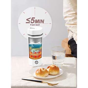 balbali Travel Kettle - 12oz Portable Electric Kettle for Boiling Water - Self Heating Cup/Thermos - Single Size Personal Tea Maker -Hot Water Boiler/Heater/Warmer - White